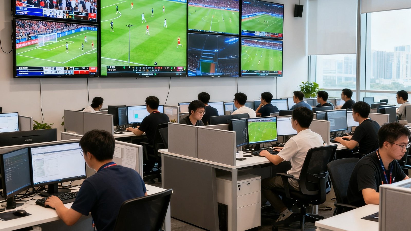 人人体育深圳总部办公室内，约40名员工在开放式工位上专注工作，墙上挂着多块赛事直播监控屏幕，显示着全球各地正在进行的体育比赛。