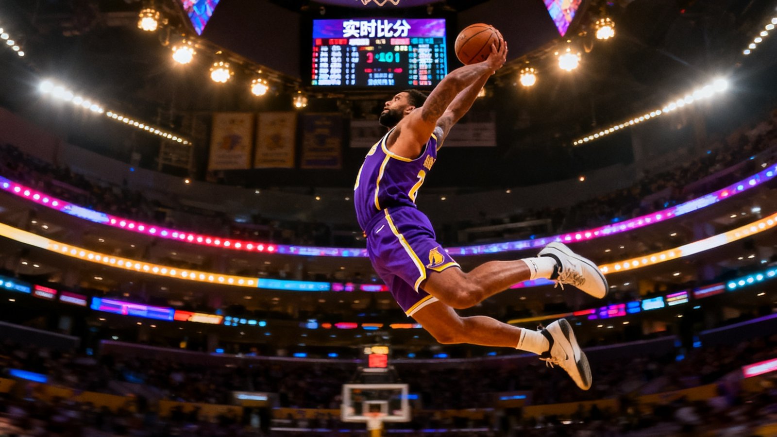 NBA比赛现场，一名身穿紫色球衣的球员飞身扣篮，球馆内灯光绚丽，大屏幕闪烁着实时比分和数据统计。